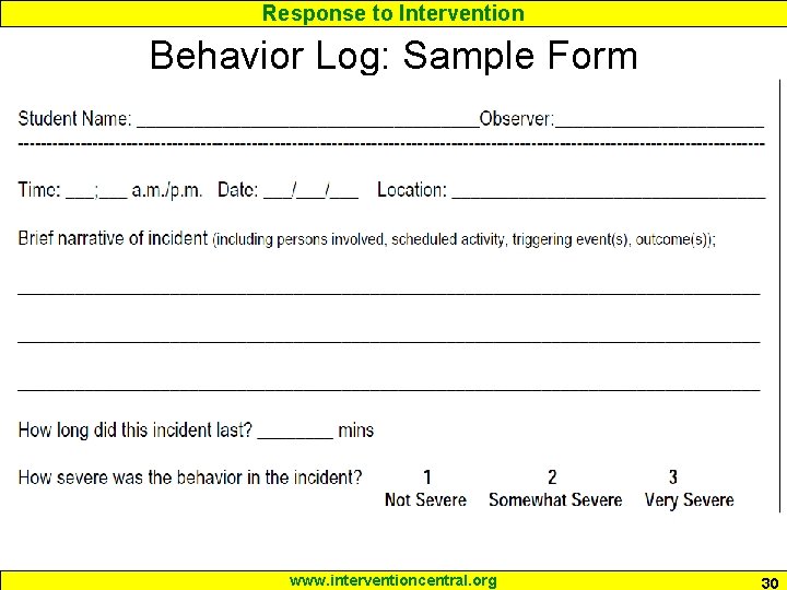 Response to Intervention Behavior Log: Sample Form www. interventioncentral. org 30 