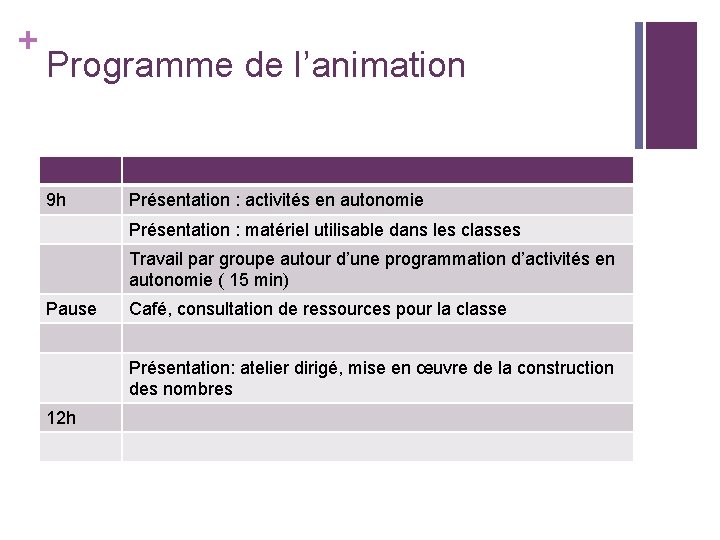 + Programme de l’animation 9 h Présentation : activités en autonomie Présentation : matériel