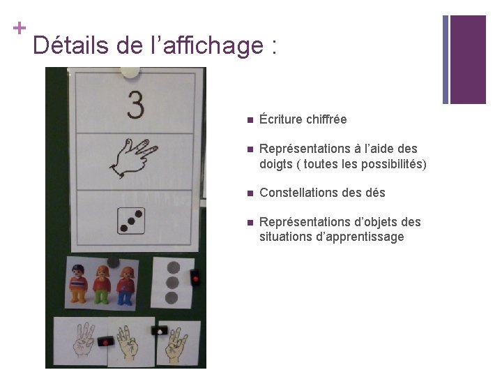 + Détails de l’affichage : n Écriture chiffrée n Représentations à l’aide des doigts