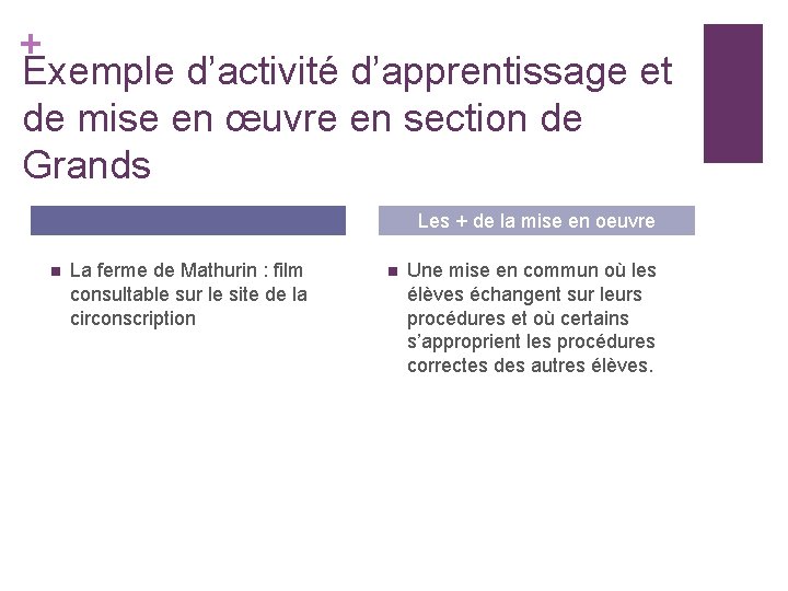 + Exemple d’activité d’apprentissage et de mise en œuvre en section de Grands Les