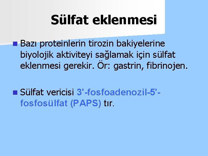 Sülfat eklenmesi n Bazı proteinlerin tirozin bakiyelerine biyolojik aktiviteyi sağlamak için sülfat eklenmesi gerekir.