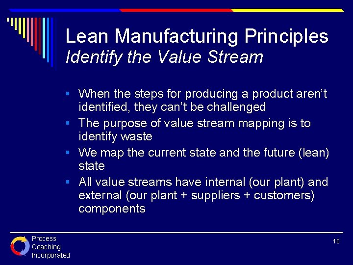 Lean Manufacturing Principles Identify the Value Stream § When the steps for producing a