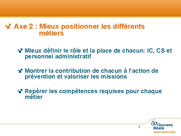 Axe 2 : Mieux positionner les différents métiers Mieux définir le rôle et la