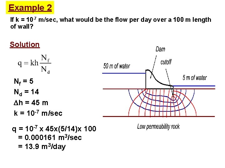 Example 2 If k = 10 -7 m/sec, what would be the flow per