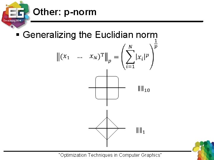 Other: p-norm § Generalizing the Euclidian norm “Optimization Techniques in Computer Graphics”Ivo Ihrke /