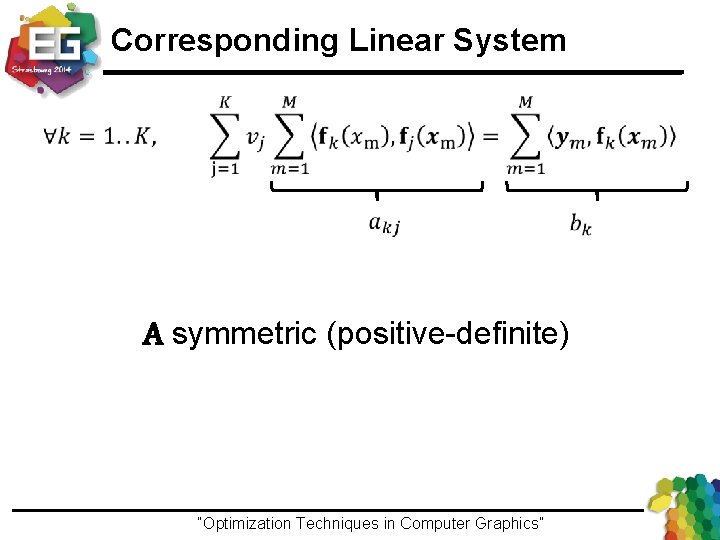 Corresponding Linear System A symmetric (positive-definite) “Optimization Techniques in Computer Graphics”Ivo Ihrke / Winter