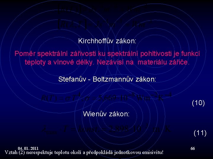 Kirchhoffův zákon: Poměr spektrální zářivosti ku spektrální pohltivosti je funkcí teploty a vlnové délky.