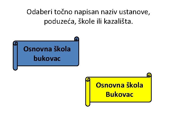 Odaberi točno napisan naziv ustanove, poduzeća, škole ili kazališta. Osnovna škola bukovac Osnovna škola