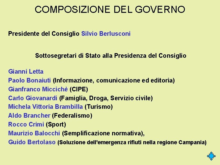 COMPOSIZIONE DEL GOVERNO Presidente del Consiglio Silvio Berlusconi Sottosegretari di Stato alla Presidenza del