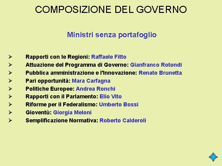 COMPOSIZIONE DEL GOVERNO Ministri senza portafoglio Ø Ø Ø Ø Ø Rapporti con le