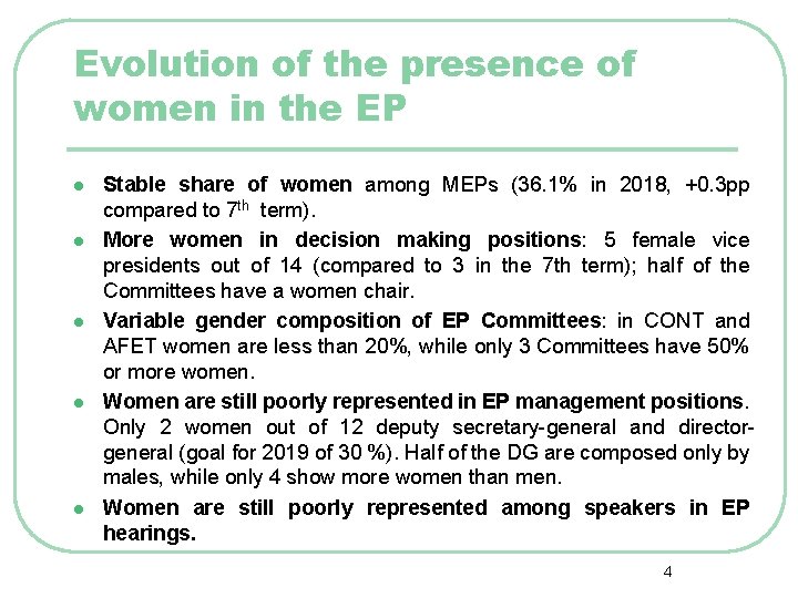 Evolution of the presence of women in the EP l l l Stable share