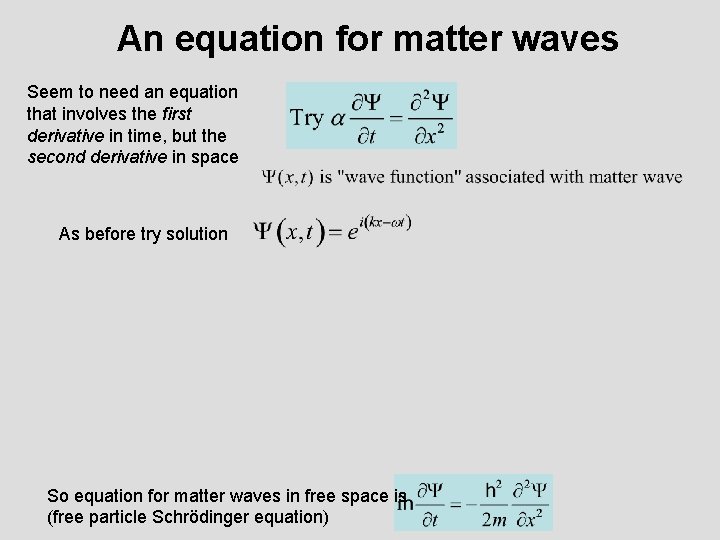 An equation for matter waves Seem to need an equation that involves the first