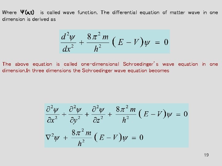 Where Ψ(x, t) is called wave function. The differential equation of matter wave in