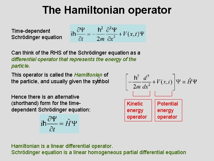 The Hamiltonian operator Time-dependent Schrödinger equation Can think of the RHS of the Schrödinger