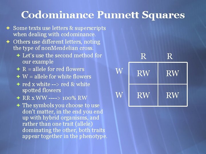 Codominance Punnett Squares Some texts use letters & superscripts when dealing with codominance. Others