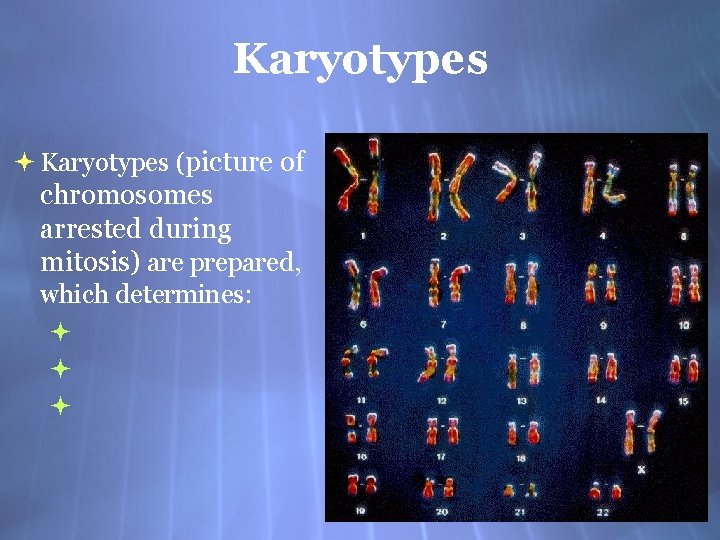 Karyotypes (picture of chromosomes arrested during mitosis) are prepared, which determines: 