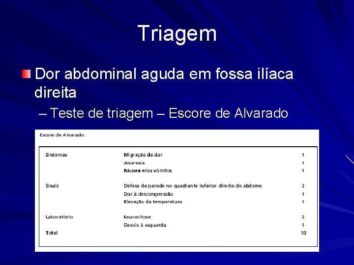 Triagem Dor abdominal aguda em fossa ilíaca direita – Teste de triagem – Escore