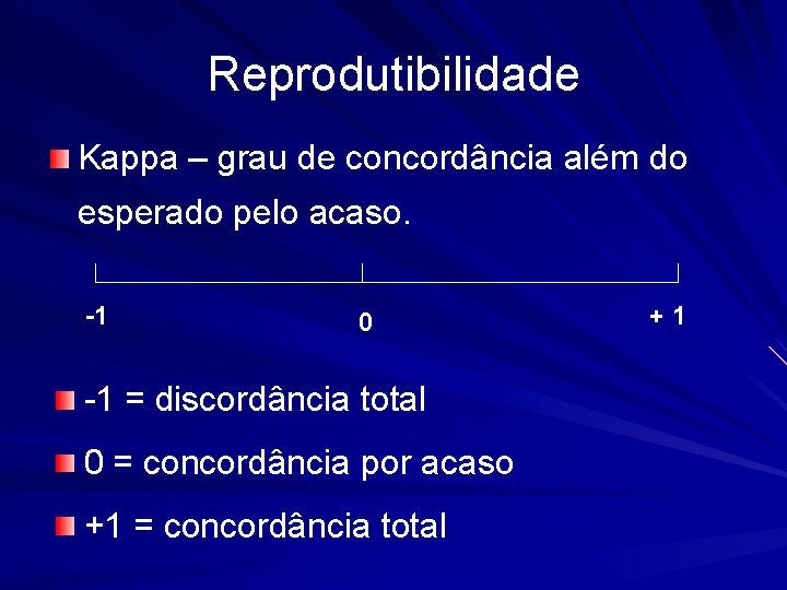 Reprodutibilidade Kappa – grau de concordância além do esperado pelo acaso. -1 0 -1