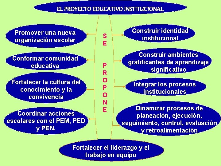 EL PROYECTO EDUCATIVO INSTITUCIONAL Promover una nueva organización escolar Conformar comunidad educativa Fortalecer la