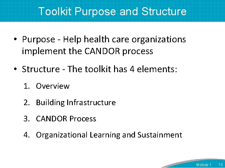 Toolkit Purpose and Structure • Purpose - Help health care organizations implement the CANDOR