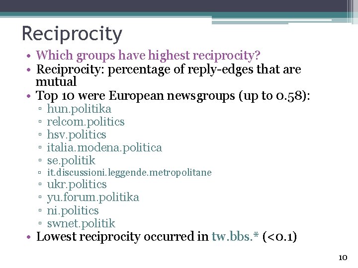 Reciprocity • Which groups have highest reciprocity? • Reciprocity: percentage of reply-edges that are