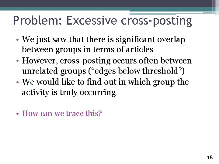 Problem: Excessive cross-posting • We just saw that there is significant overlap between groups