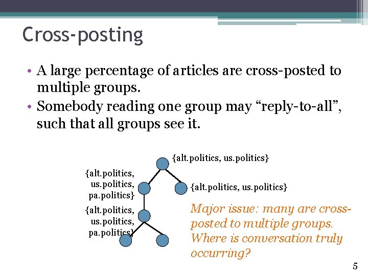 Cross-posting • A large percentage of articles are cross-posted to multiple groups. • Somebody