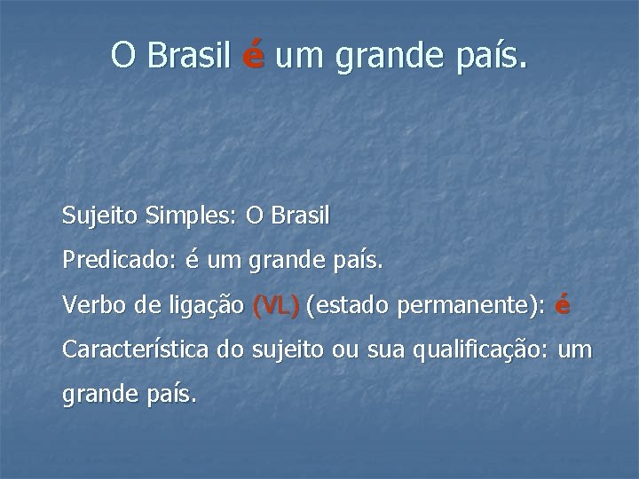 O Brasil é um grande país. Sujeito Simples: O Brasil Predicado: é um grande