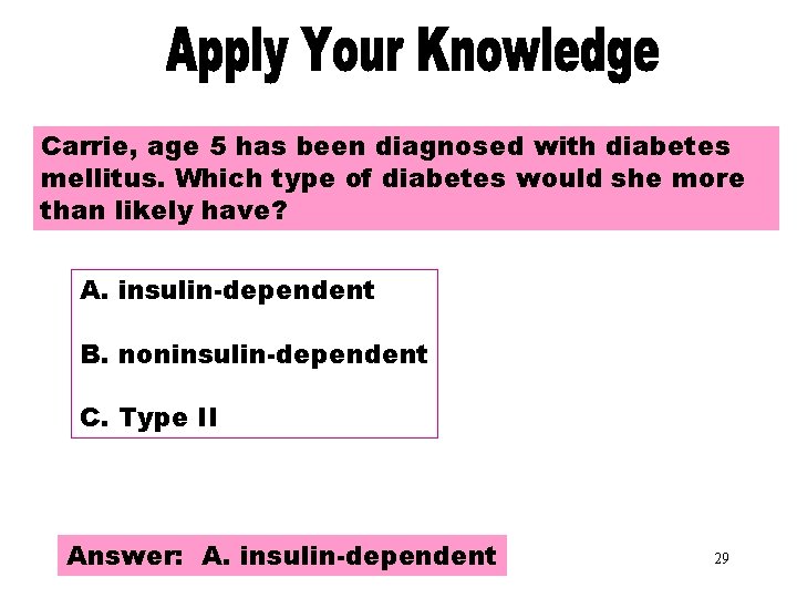 Apply Your Knowledge Part 4 Carrie, age 5 has been diagnosed with diabetes mellitus.