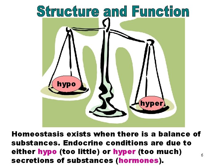 Hypo/Hyper hypo hyper Homeostasis exists when there is a balance of substances. Endocrine conditions