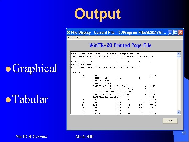Output l Graphical l Tabular Win. TR-20 Overview March 2009 35 