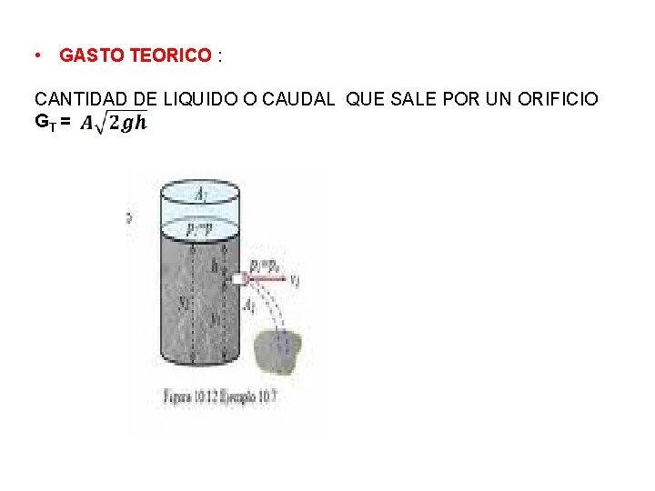 • GASTO TEORICO : CANTIDAD DE LIQUIDO O CAUDAL QUE SALE POR UN • GASTO TEORICO : CANTIDAD DE LIQUIDO O CAUDAL QUE SALE POR UN