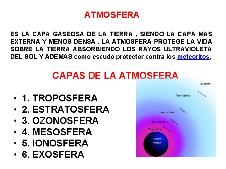 ATMOSFERA ES LA CAPA GASEOSA DE LA TIERRA , SIENDO LA CAPA MAS EXTERNA ATMOSFERA ES LA CAPA GASEOSA DE LA TIERRA , SIENDO LA CAPA MAS EXTERNA