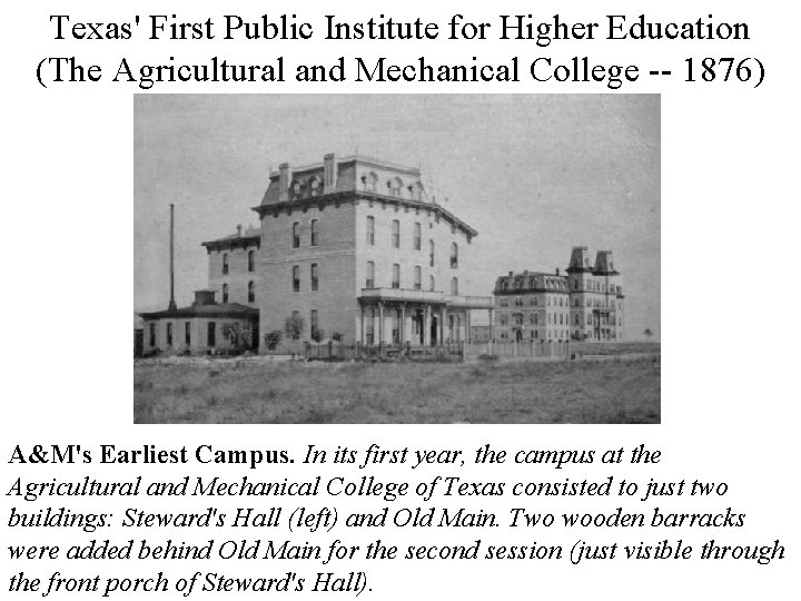 Texas' First Public Institute for Higher Education (The Agricultural and Mechanical College -- 1876)