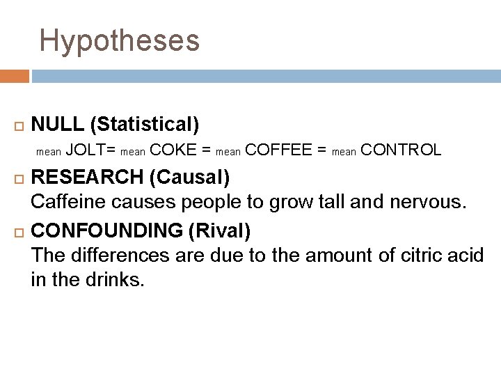 Hypotheses NULL (Statistical) mean JOLT= mean COKE = mean COFFEE = mean CONTROL RESEARCH