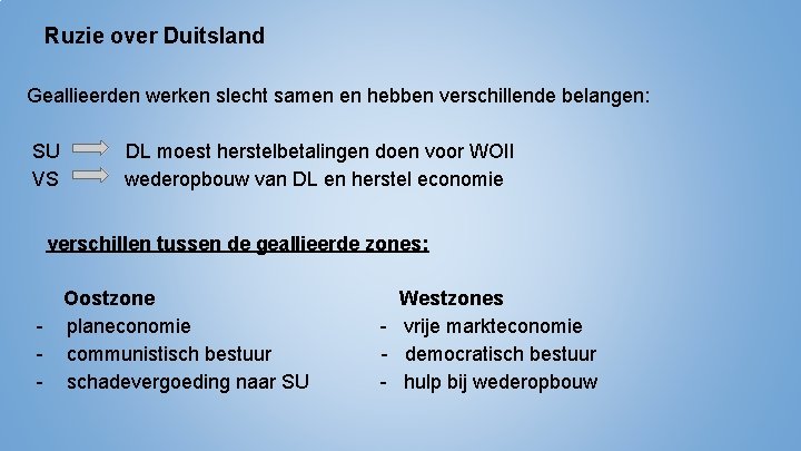 Ruzie over Duitsland Geallieerden werken slecht samen en hebben verschillende belangen: SU VS DL