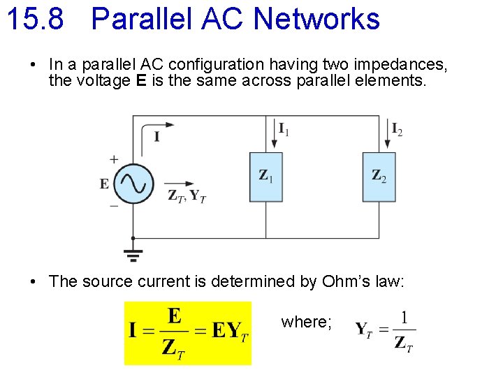 15. 8 Parallel AC Networks • In a parallel AC configuration having two impedances,