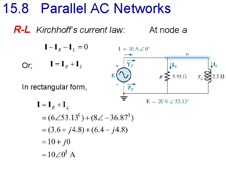 15. 8 Parallel AC Networks R-L Kirchhoff’s current law: Or; In rectangular form, At
