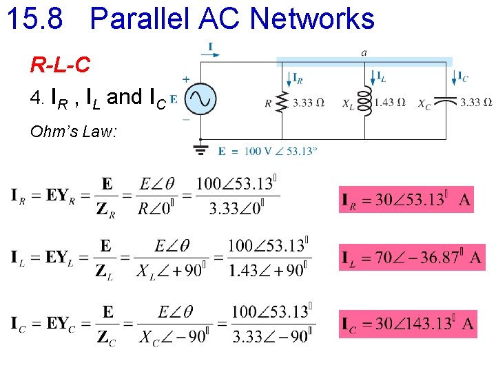 15. 8 Parallel AC Networks R-L-C 4. IR , IL and IC Ohm’s Law: