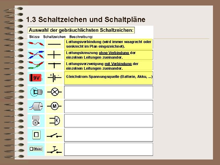 1. 3 Schaltzeichen und Schaltpläne Leitungsverbindung (wird immer waagrecht oder senkrecht im Plan eingezeichnet).