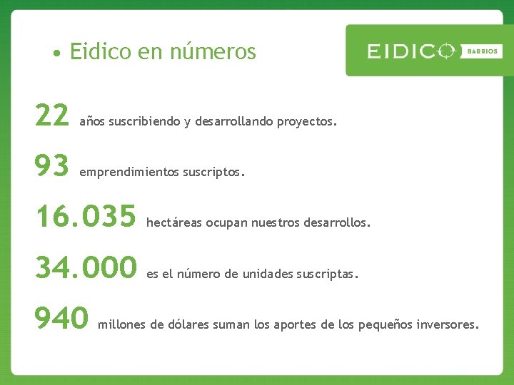  • Eidico en números 22 años suscribiendo y desarrollando proyectos. 93 emprendimientos suscriptos.