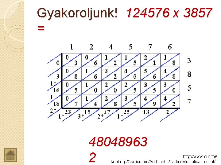 Gyakoroljunk! 124576 x 3857 = 48048963 2 http: //www. cut-the 10 knot. org/Curriculum/Arithmetic/Lattice. Multiplication.