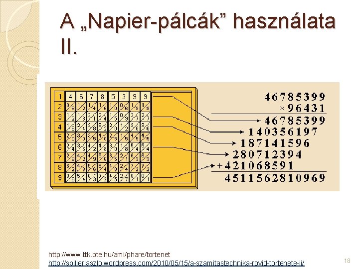 A „Napier-pálcák” használata II. http: //www. ttk. pte. hu/ami/phare/tortenet http: //spillerlaszlo. wordpress. com/2010/05/15/a-szamitastechnika-rovid-tortenete-ii/ 18