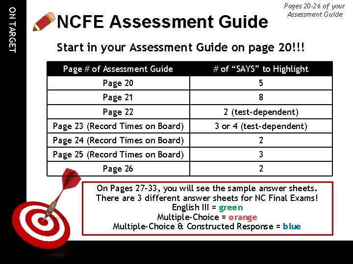 ON TARGET NCFE Assessment Guide Pages 20 -26 of your Assessment Guide Start in