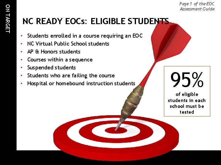 ON TARGET Page 1 of the EOC Assessment Guide NC READY EOCs: ELIGIBLE STUDENTS