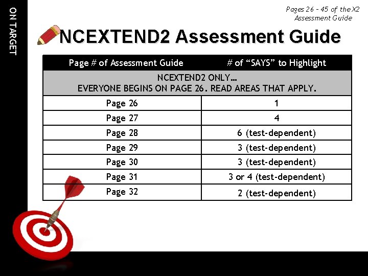 ON TARGET Pages 26 – 45 of the X 2 Assessment Guide NCEXTEND 2