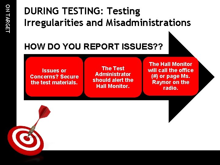 ON TARGET DURING TESTING: Testing Irregularities and Misadministrations HOW DO YOU REPORT ISSUES? ?