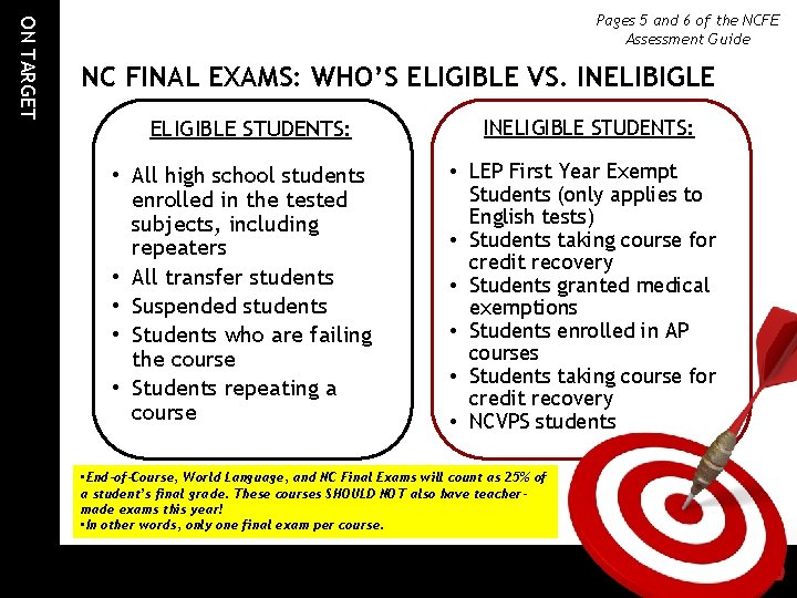 ON TARGET Pages 5 and 6 of the NCFE Assessment Guide NC FINAL EXAMS: