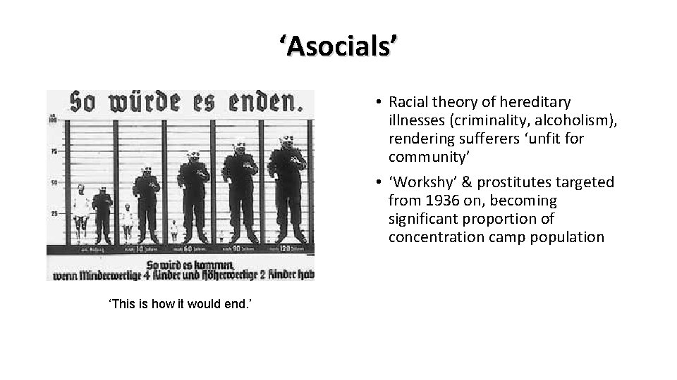‘Asocials’ • Racial theory of hereditary illnesses (criminality, alcoholism), rendering sufferers ‘unfit for community’
