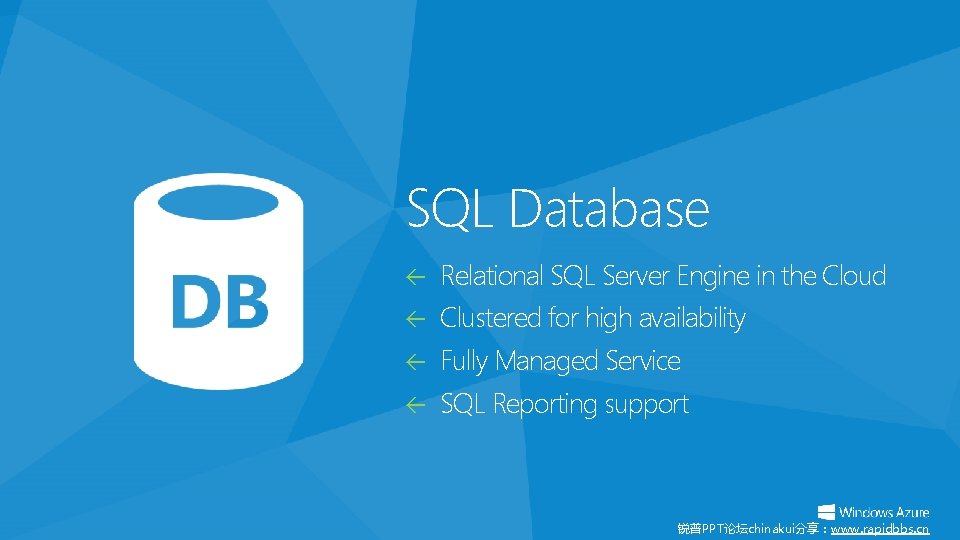 SQL Database Relational SQL Server Engine in the Cloud Clustered for high availability Fully SQL Database Relational SQL Server Engine in the Cloud Clustered for high availability Fully